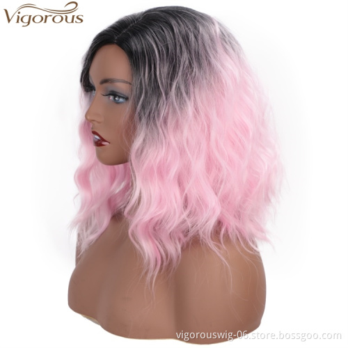 Vigorous 14 Inch Curly Wave Short Bob Wigs Ombre Light Pink Synthetic Cosplay Pastel Wig for Girl Costume Christmas Party